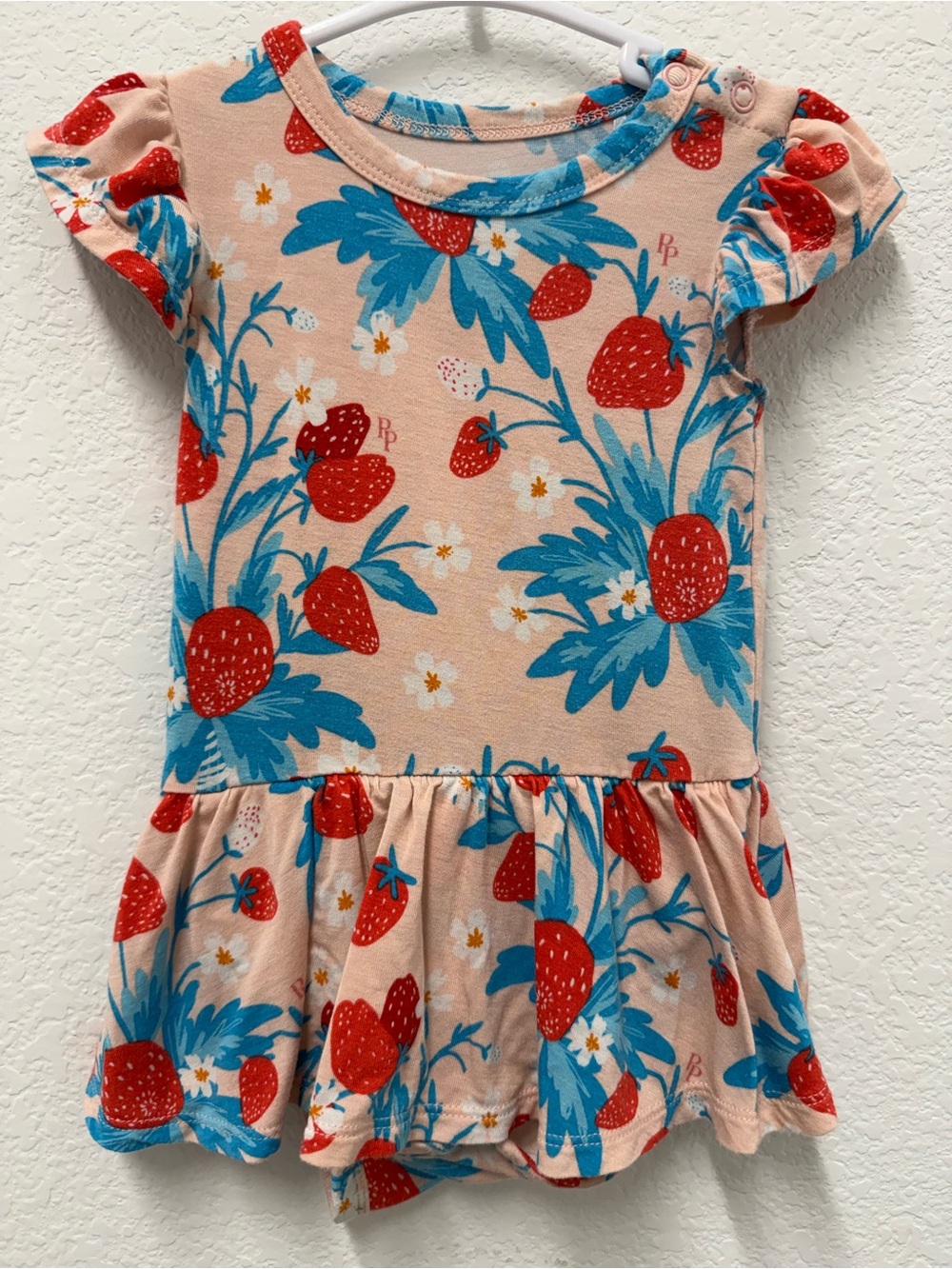 Posh Peanut Peach Strawberry Print Ruffle Hem Dress